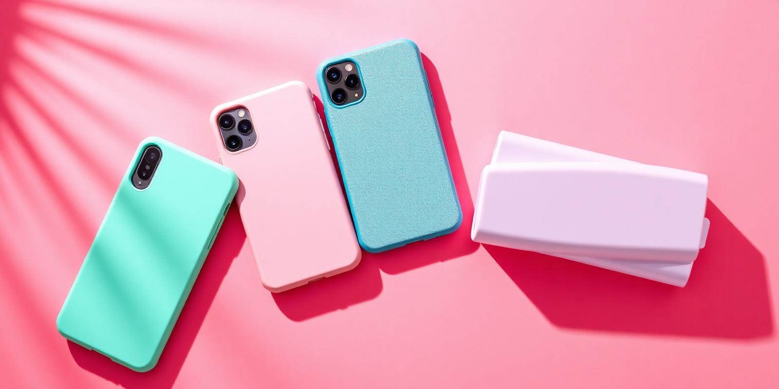 Colorful phone cases and a powerbank arranged on a pink backdrop